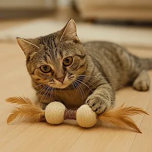 M-Pets Natura hasır ve gerçek tüylü dumbell kedi oyuncağı görseli. - 2