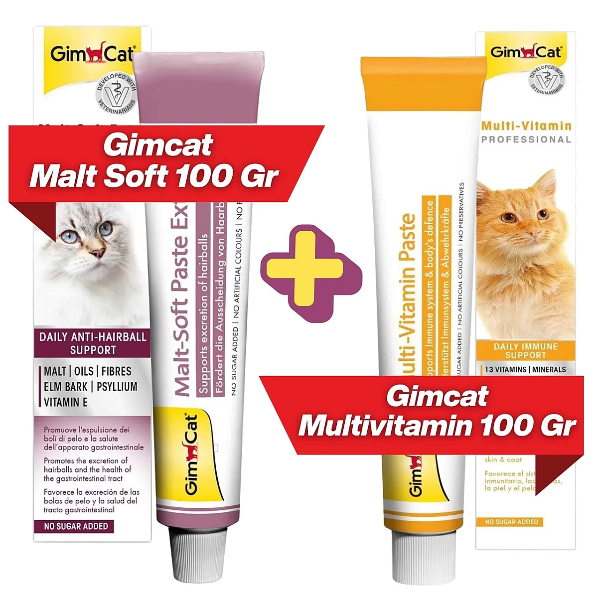 GimCat Malt Soft Extra 100 gr ve GimCat Multivitamin 100 gr kedi macunlarının bir arada olduğu 2'li avantajlı set paketi.