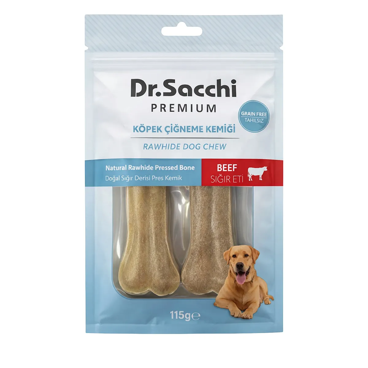 Dr.Sacchi Premium Sığır Etli Doğal Sığır Derisi Pres Kemik Köpek Ödülü 115 Gr (2'li)