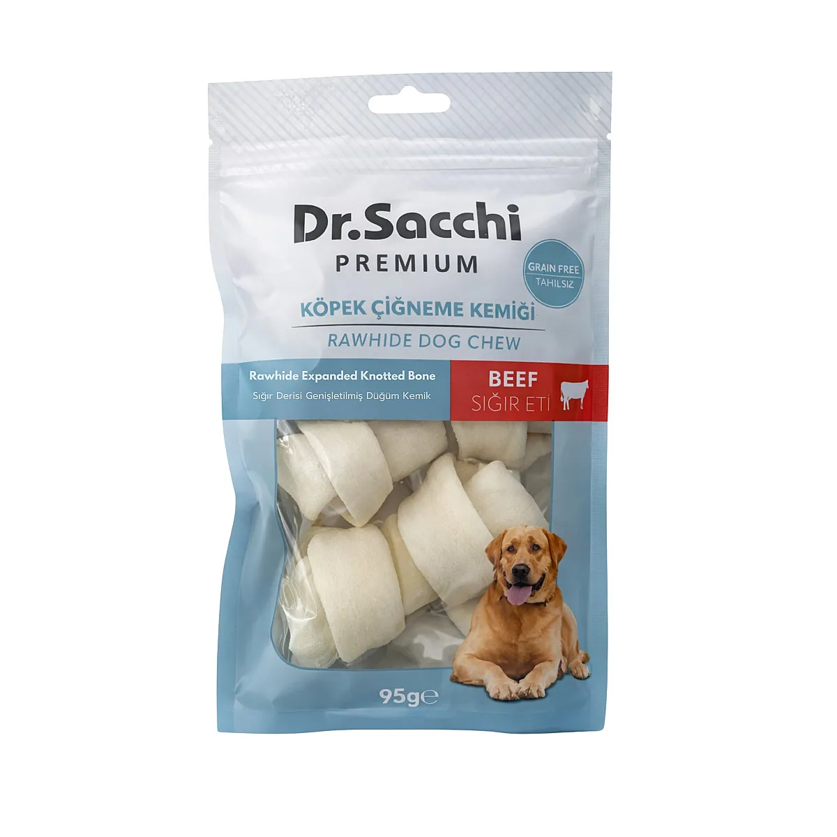Dr. Sacchi Premium Sığır Etli Sığır Derisi Genişletilmiş Düğüm Kemik Tahılsız Köpek Ödülü 2-4'' 3'lü 95 Gr