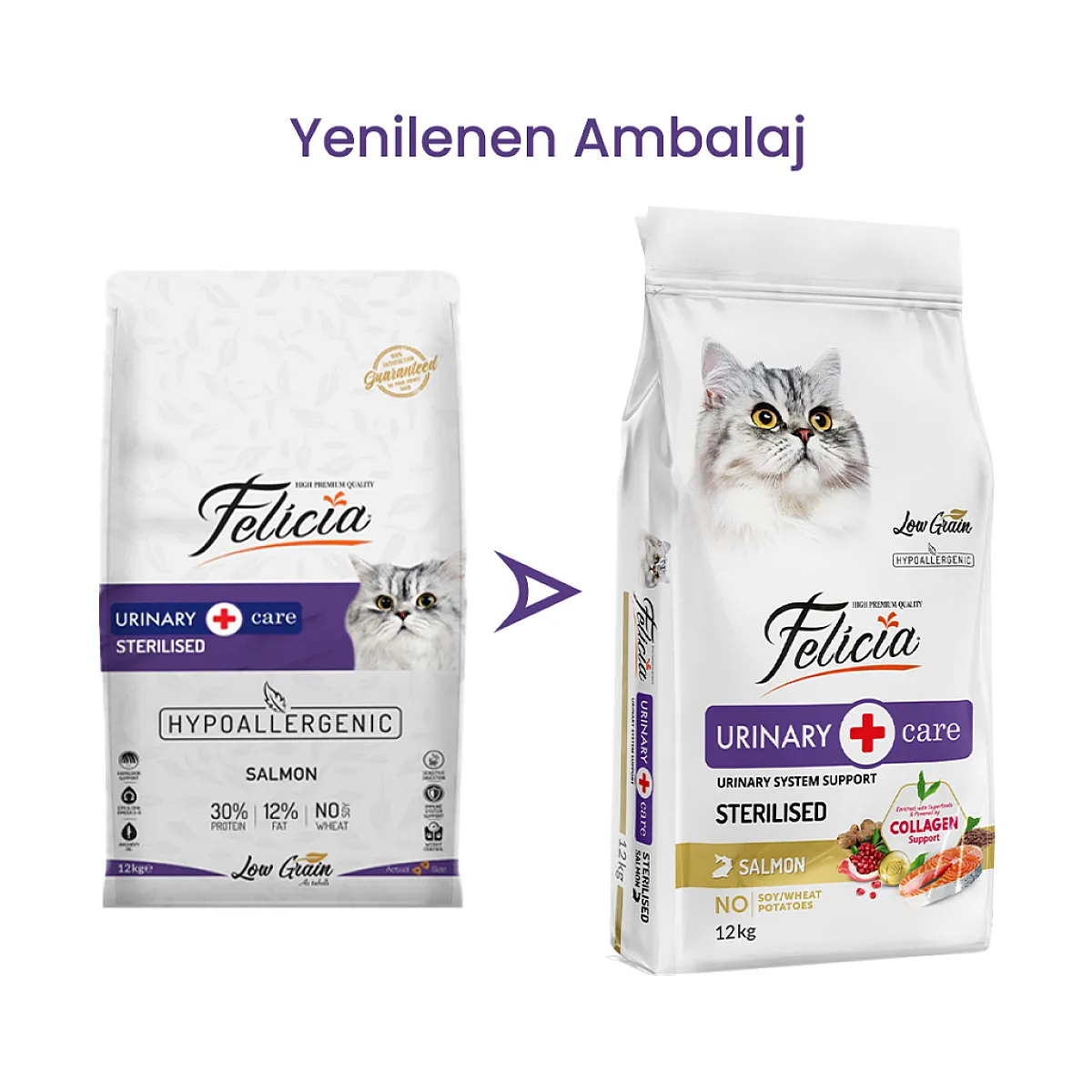 Felicia Hipoalerjenik Üriner Sağlığı için Somonlu Düşük Tahıllı Kısırlaştırılmış Kedi Maması 12kg