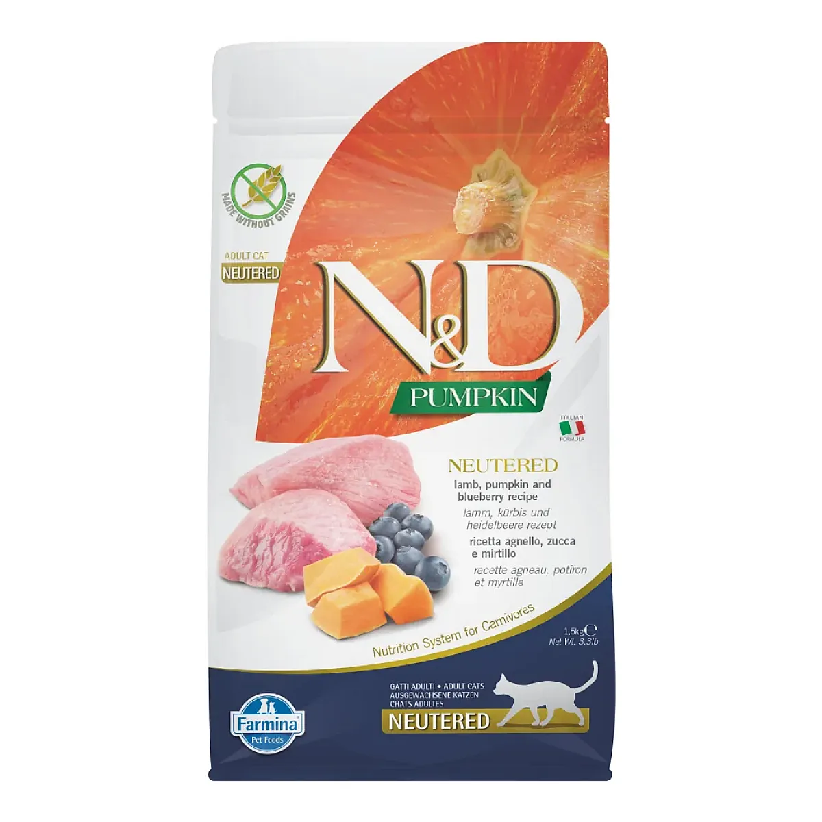 N&D Pumpkin Kuzu Etli Bal Kabaklı ve Yaban Mersinli Tahılsız Kısırlaştırılmış Kedi Maması 1.5 kg
