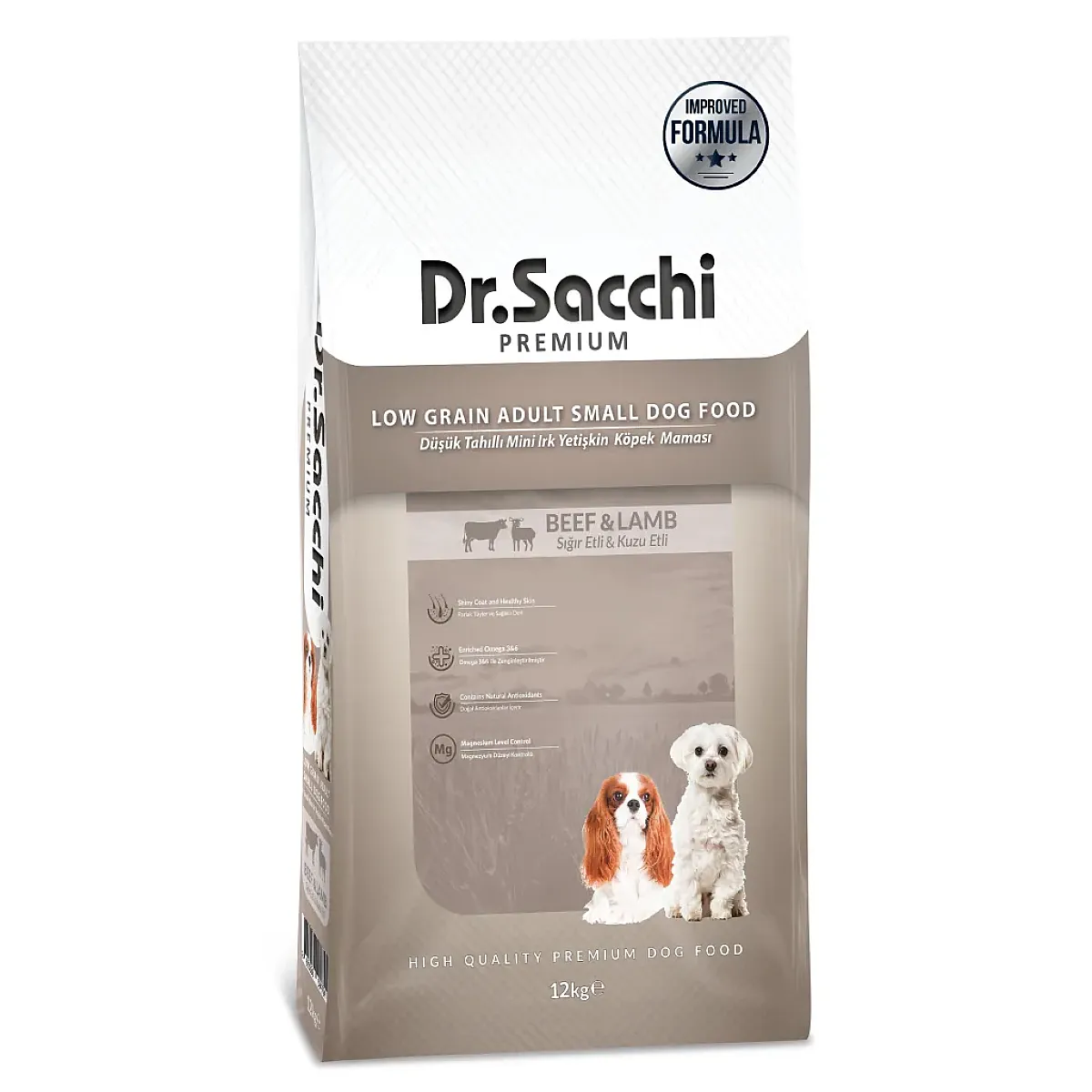 Dr. Sacchi Premium Düşük Tahıllı Sığır Etli ve Kuzu Etli Küçük Irk Yetişkin Köpek Maması 12kg