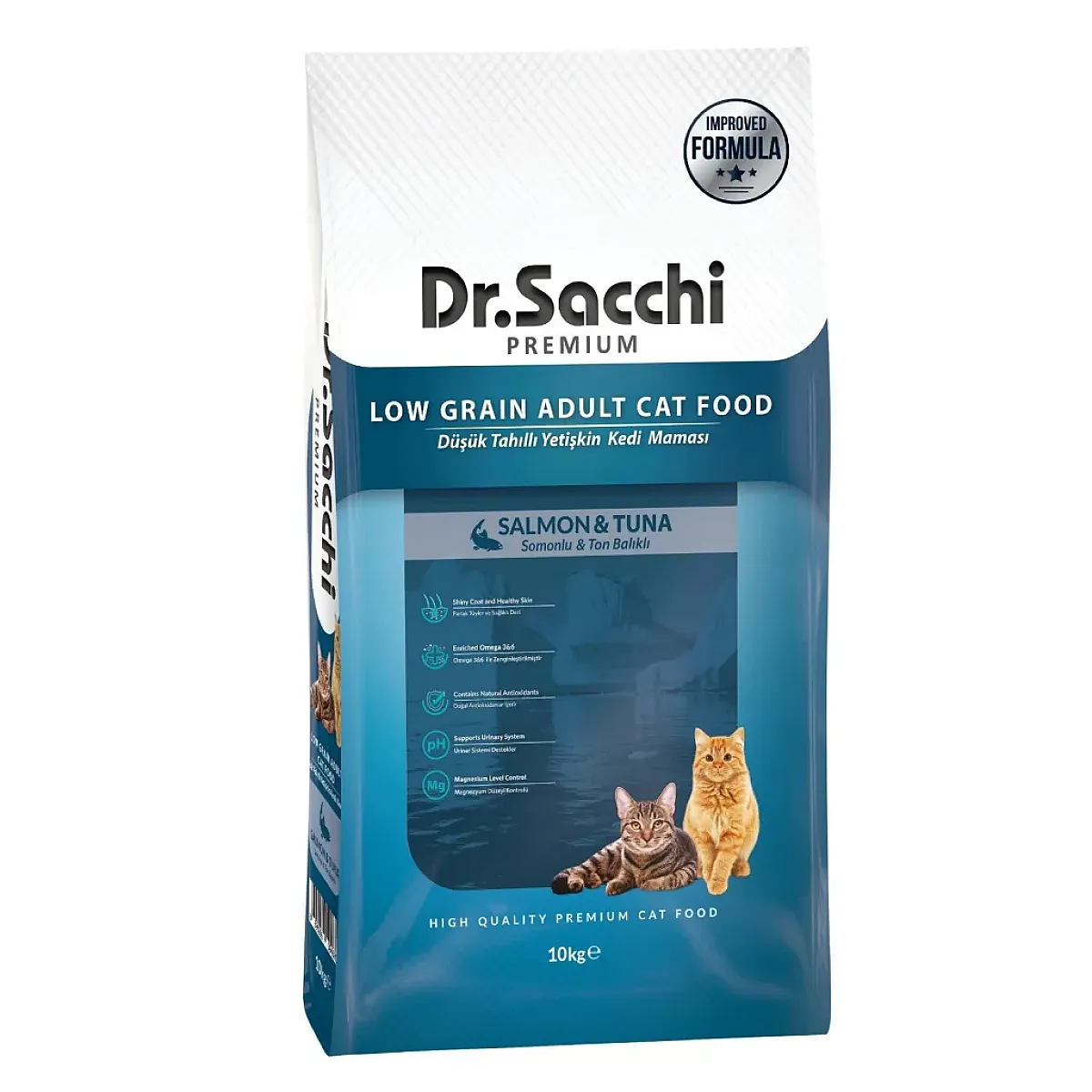 Dr. Sacchi Düşük Tahıllı Somonlu ve Ton Balıklı Yetişkin Kedi Maması 10 kg