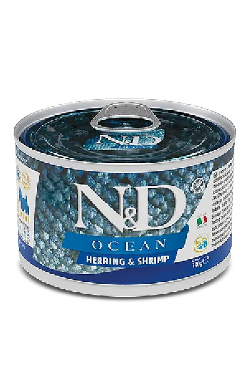 N&D Ocean Ringa Balıklı ve Karidesli Tahılsız Küçük Irk Yetişkin Köpek Konservesi 140 gr