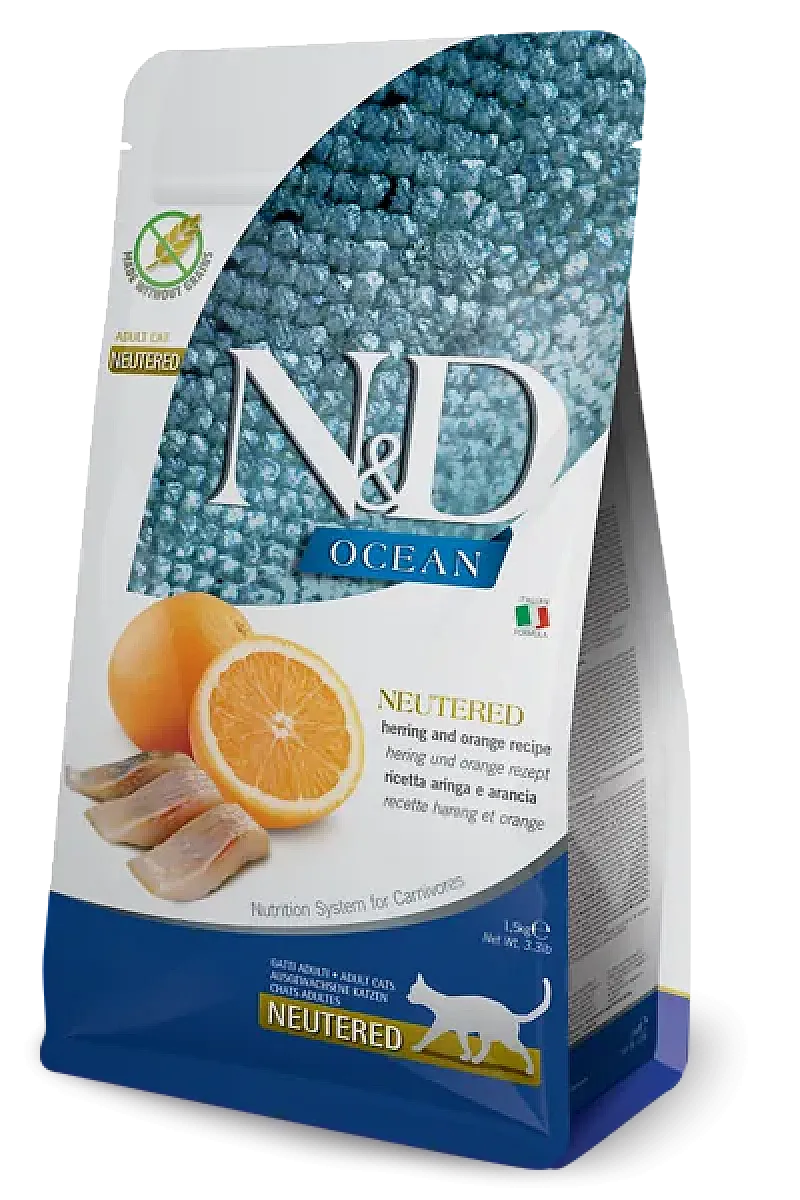 N&D Ocean Ringa Balıklı ve Portakallı Tahılsız Kısırlaştırılmış Yetişkin Kedi Maması