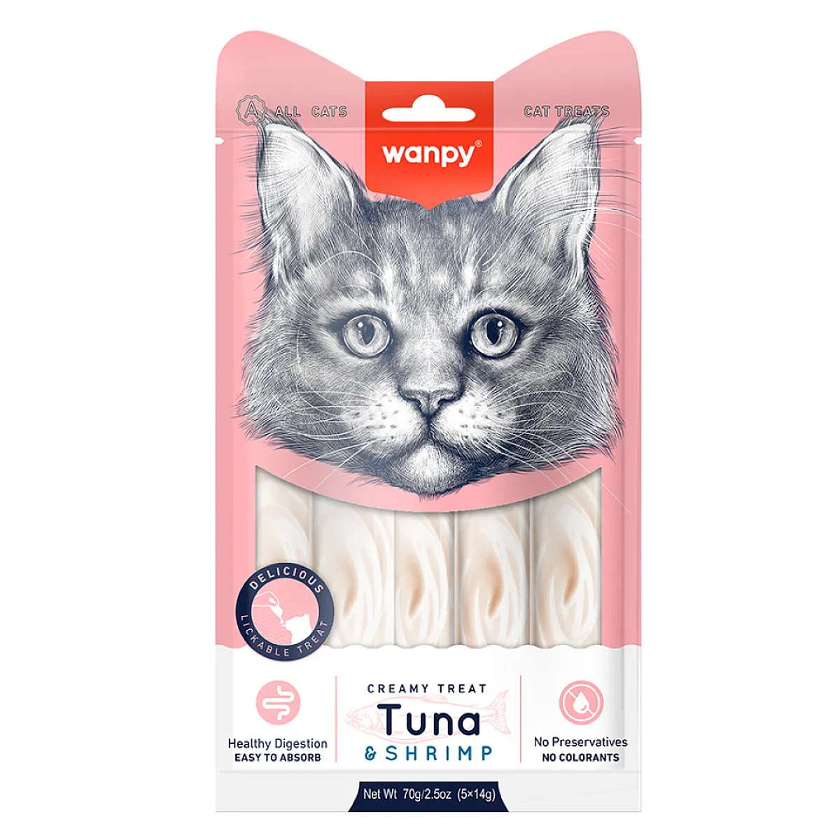 Wanpy Ton Balığı ve Karidesli Sindirim Sistemi Destekleyici Krema Kedi Ödül Maması 14gr (5'li)