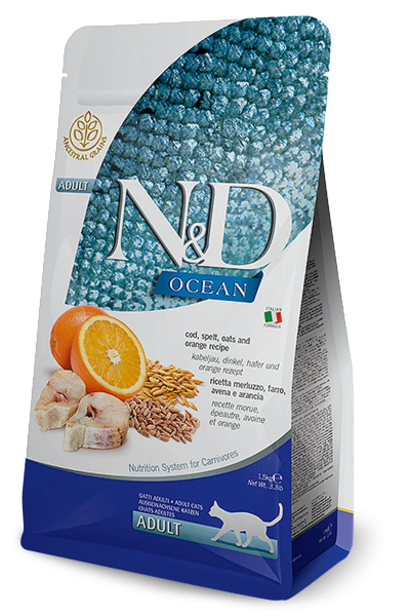 N&D Ocean Morina Balıklı Kılçıksız Buğdaylı Yulaflı ve Portakallı Ata Tahıllı Yetişkin Kedi Maması
