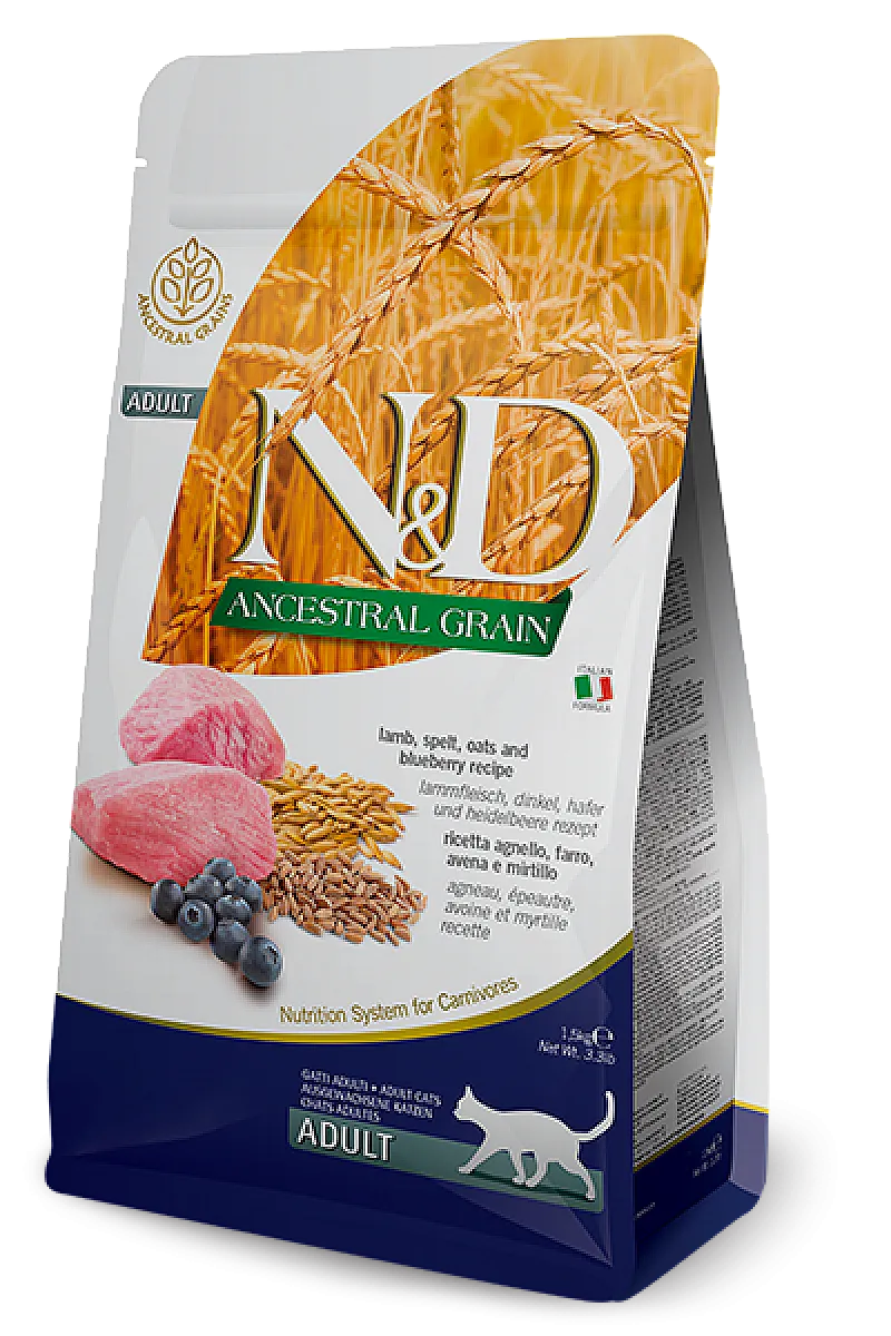 N&D Ancestral Grain Kuzu Etli Kılçıksız Buğdaylı Yulaflı ve Yaban Mersinli Yetişkin Kedi Maması