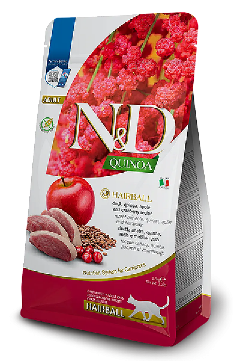 N&D Quinoa Hairball Ördek Etli Elmalı ve Kızılcıklı Tahılsız Yetişkin Kedi Maması 1,5 kg