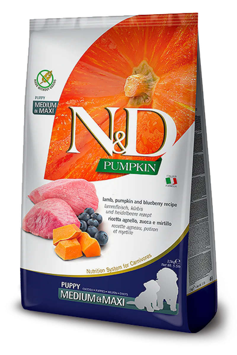 N&D Pumpkin Kuzu Etli Bal Kabaklı ve Yaban Mersinli Tahılsız Orta ve Büyük Irk Yavru Köpek Maması