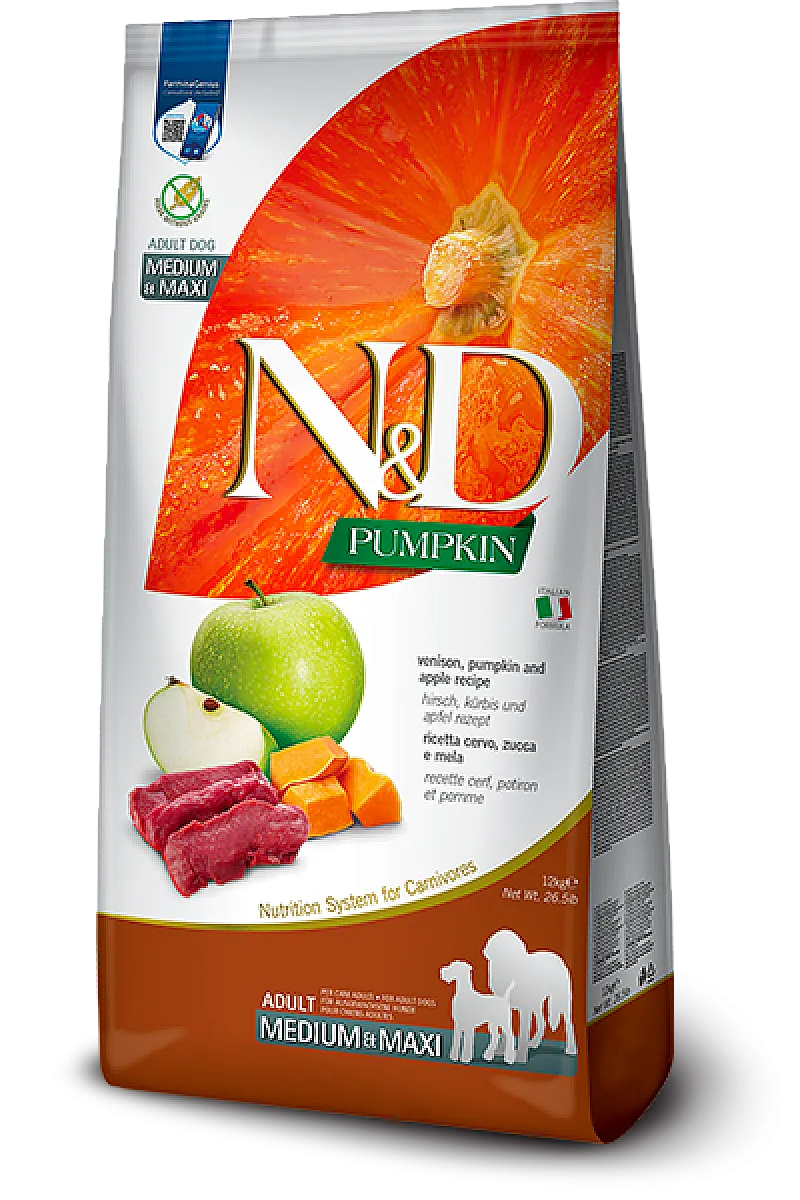 N&D Pumpkin Geyik Etli Bal Kabaklı ve Elmalı Tahılsız Orta ve Büyük Irk Yetişkin Köpek Maması 12 kg