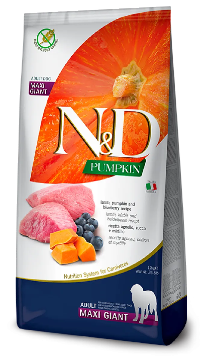 N&D Pumpkin Kuzu Etli Bal Kabaklı ve Yaban Mersinli Tahılsız Dev Irk Yetişkin Köpek Maması 12 kg