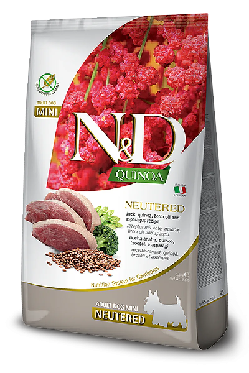 N&D Quinoa Kısırlaştırılmış Ördek Etli, Brokolili ve Kuşkonmazlı Mini Tahılsız Yetişkin Köpek Maması