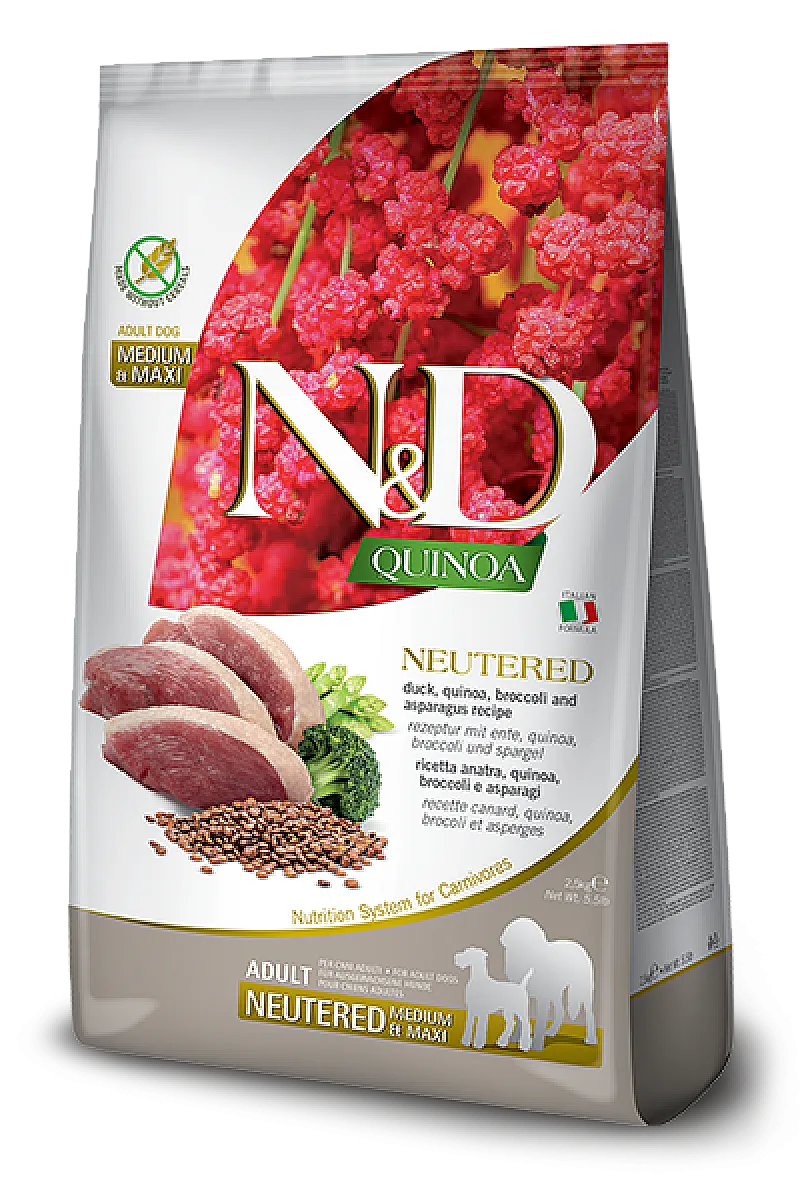 N&D Quinoa Kısırlaştırılmış Ördek Etli, Brokolili ve Kuşkonmazlı Medium & Maxi Tahılsız Yetişkin Köpek Maması