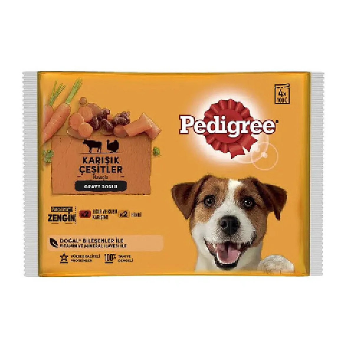 Pedigree Biftekli, Kuzulu, Hindili ve Havuçlu Yetişkin Köpek Yaş Maması 4x100 g