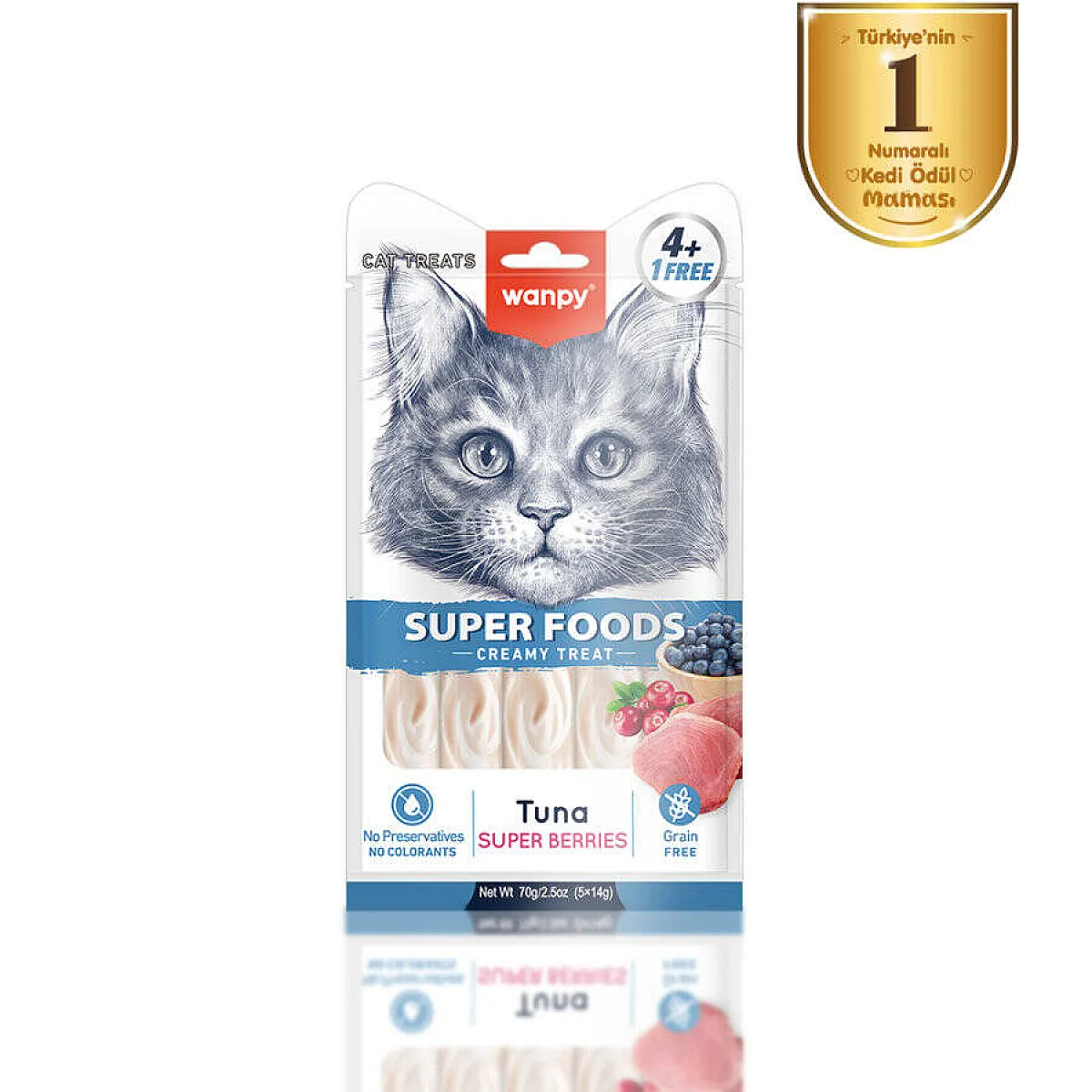 Wanpy Superfood Ton Balıklı, Yaban Mersinli ve Kızılcıklı Krema Kedi Ödülü 5x14 g