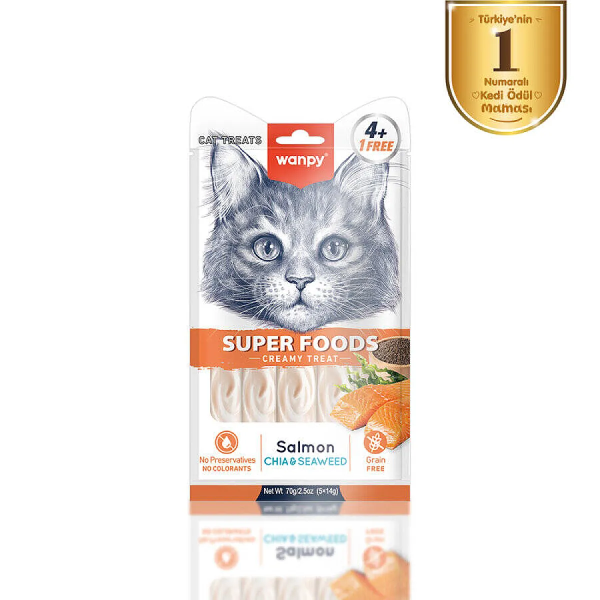 Wanpy Superfood Somonlu, Chia ve Deniz Yosunlu Krema Kedi Ödülü 5x14 g