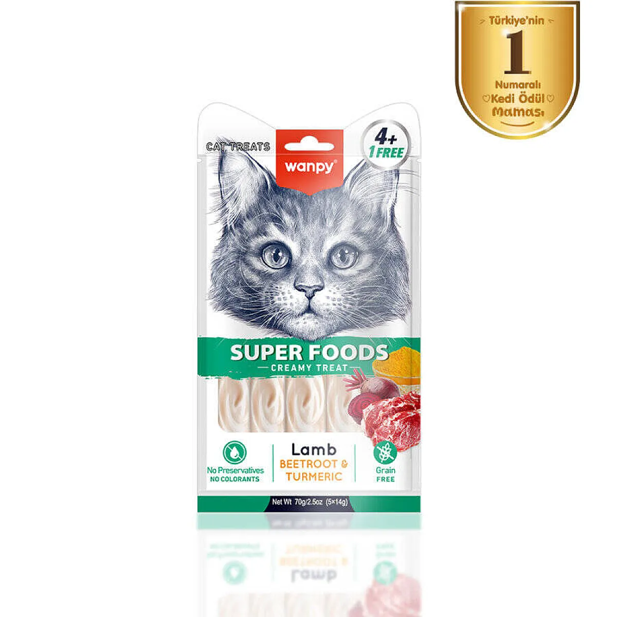 Wanpy Superfood Kuzulu, Pancarlı ve Zerdeçallı Krema Kedi Ödülü 5x14 g