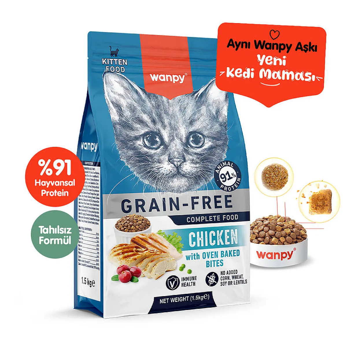 Wanpy Tahılsız Tavuklu Yavru Kedi Maması 1,5 kg