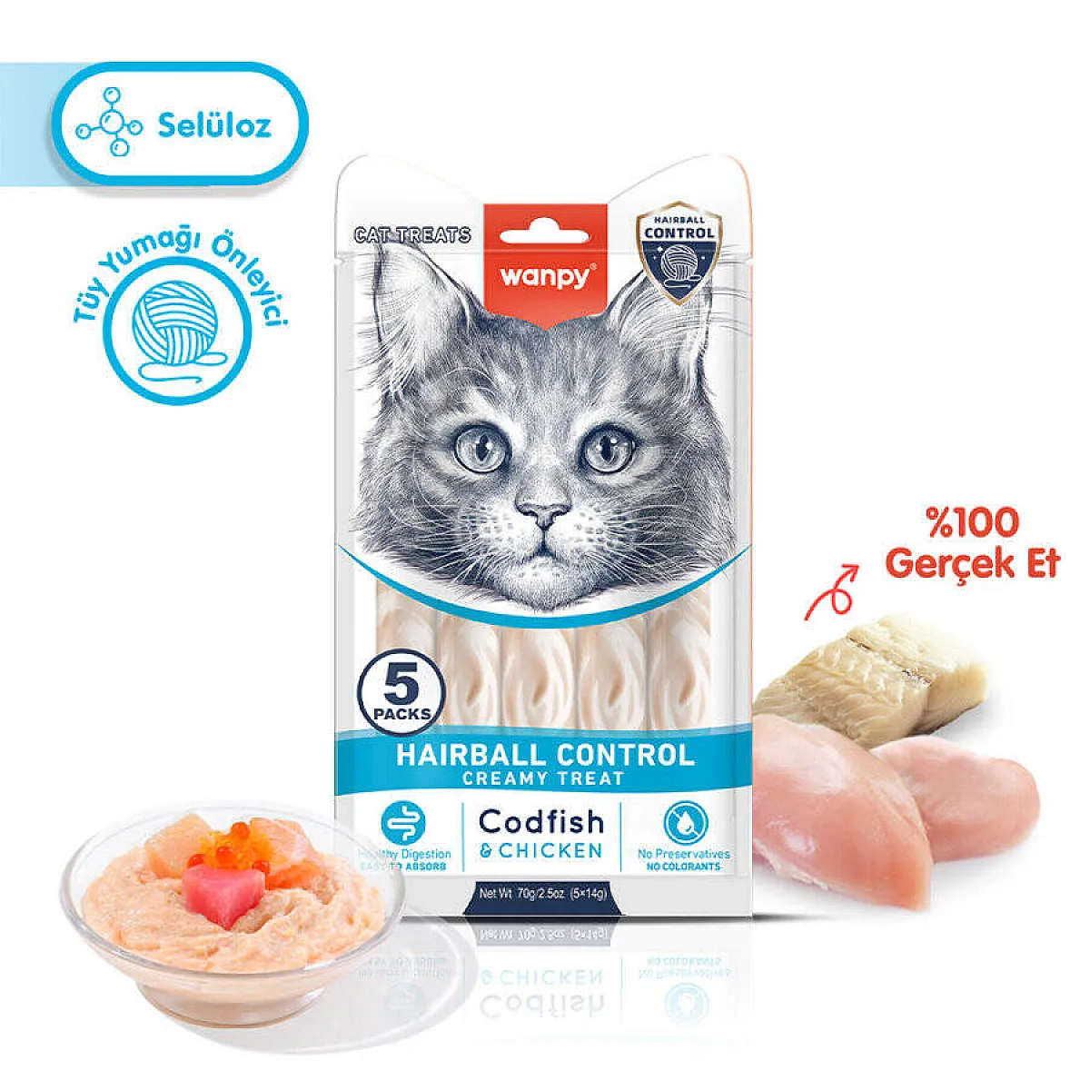 Wanpy Hairball Control Morina Balıklı ve Tavuklu Fonksiyonel Krema Kedi Ödülü 5x14 g