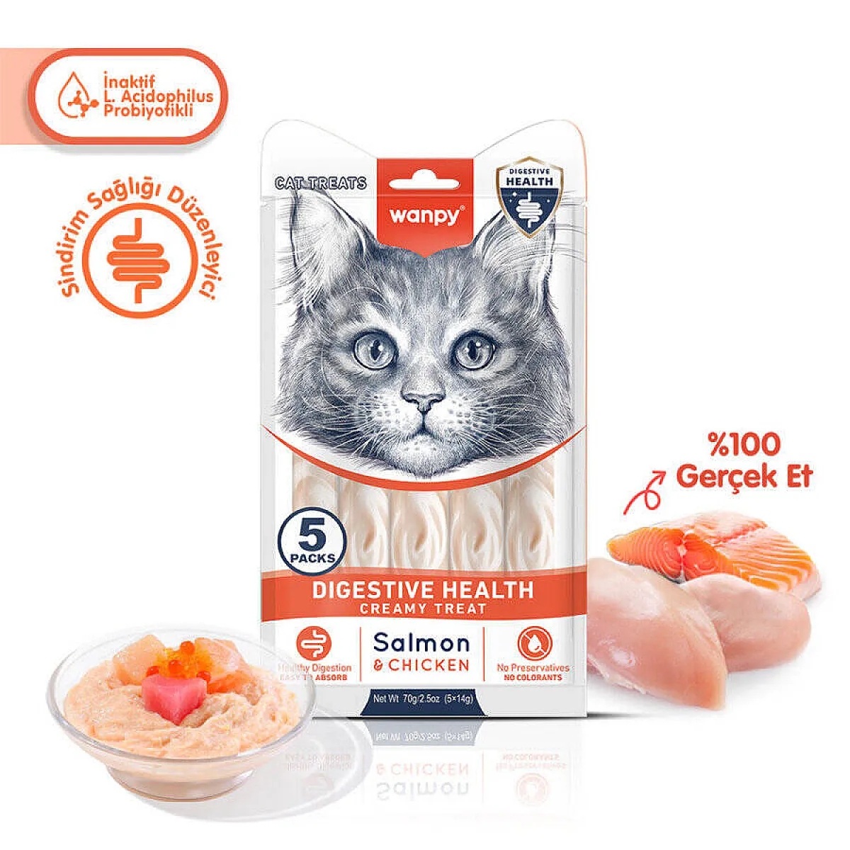 Wanpy Digestive Health Somonlu ve Tavuklu Fonksiyonel Krema Kedi Ödülü 5x14 g
