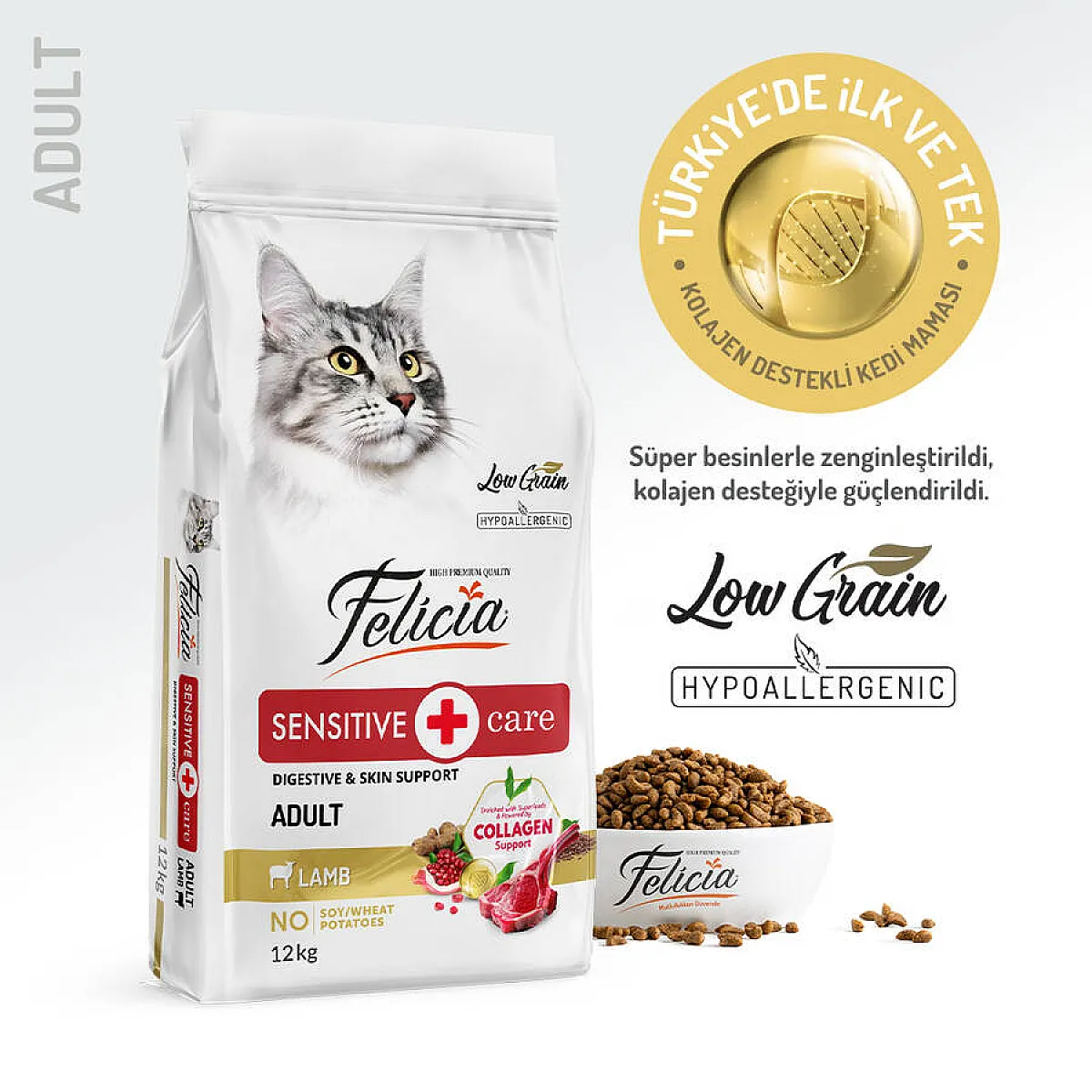 Felicia Hipoalerjenik Kuzulu Düşük Tahıllı Yetişkin Kedi Maması 12 kg