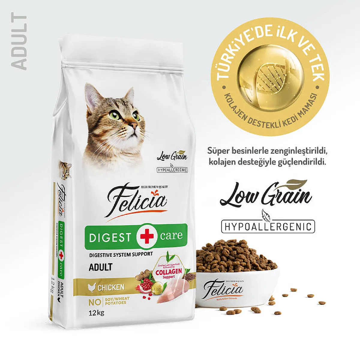 Felicia Hipoalerjenik Tavuklu Düşük Tahıllı Yetişkin Kedi Maması 12 kg