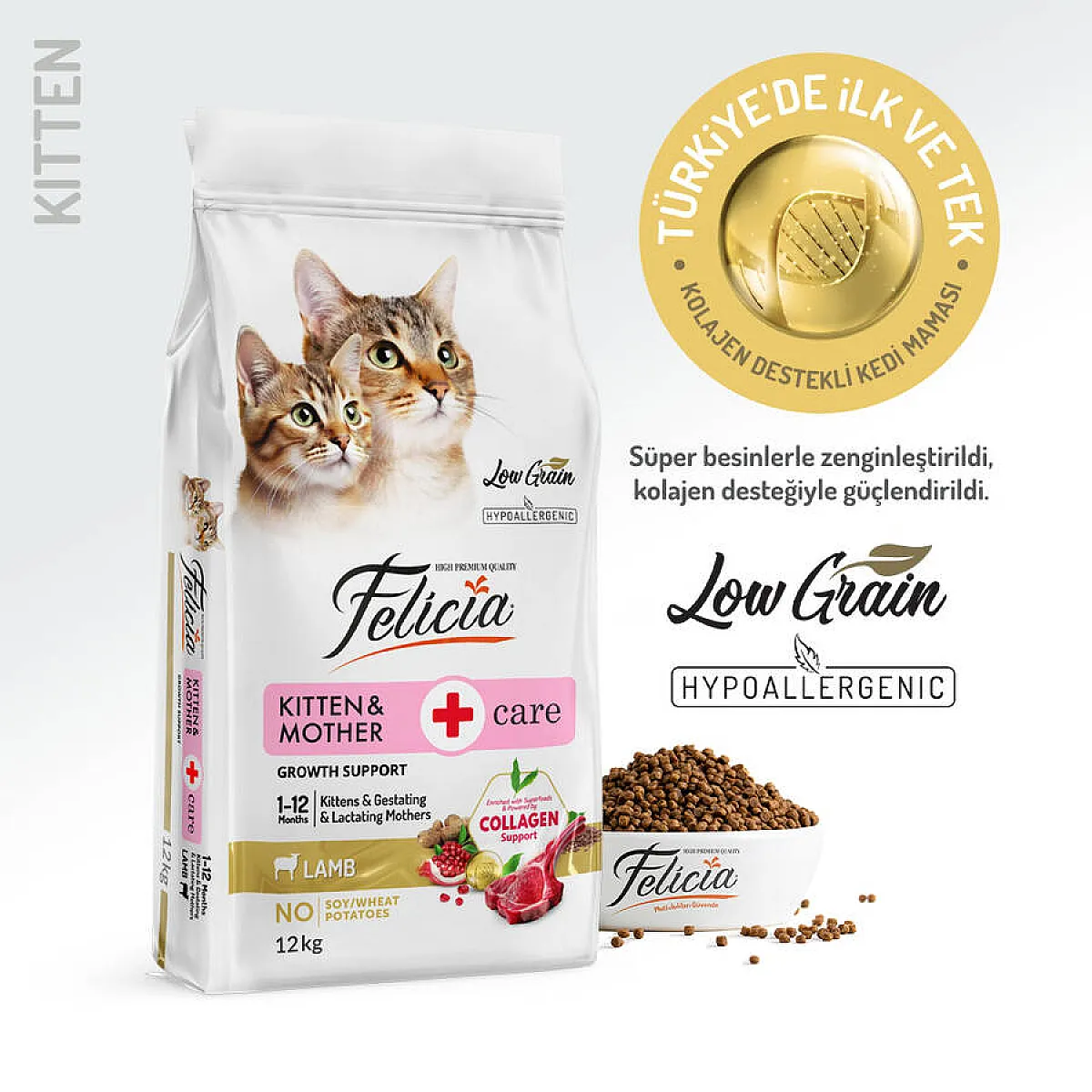 Felicia Hipoalerjenik Kuzulu Düşük Tahıllı Yavru Kedi Maması 12 kg