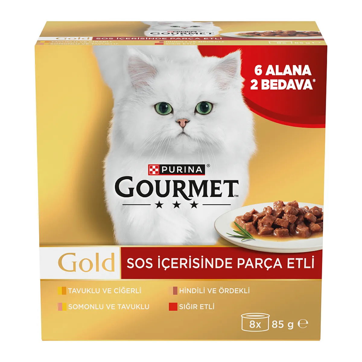 Gourmet Gold Soslu Parça Etli Karışık Çeşitli Yetişkin Kedi Konservesi 8x85 g (8 AL 6 ÖDE)