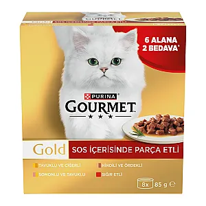 Gourmet Gold Soslu Parça Etli Karışık Çeşitli Yetişkin Kedi Konservesi 8x85 g (8 AL 6 ÖDE) - 1
