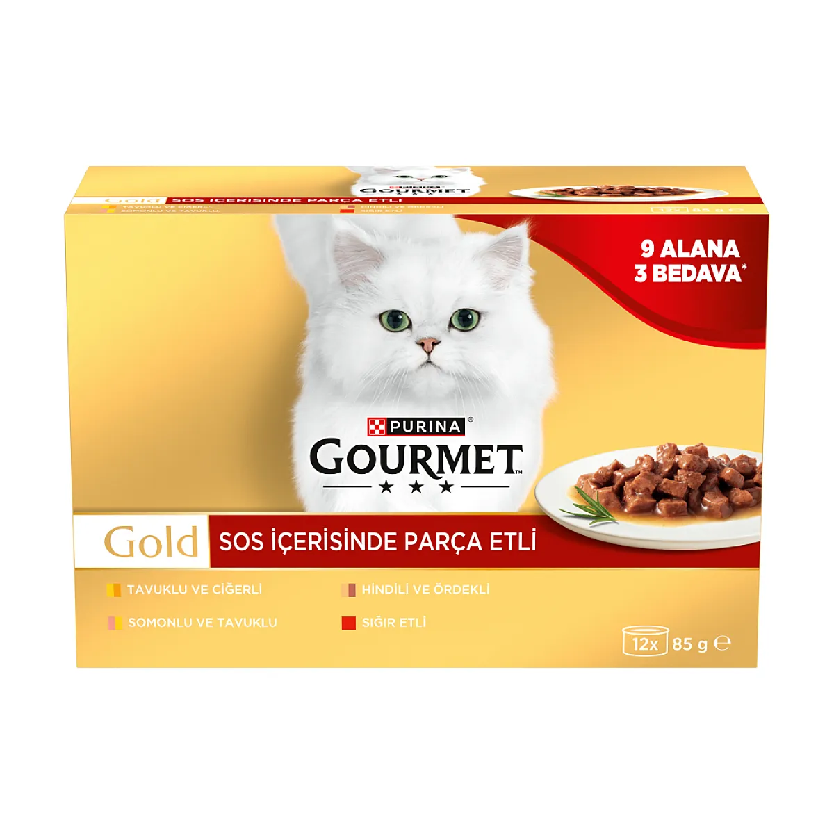 Gourmet Gold Soslu Parça Etli Karışık Çeşitli Yetişkin Kedi Konservesi 12x85 g (12 AL 9 ÖDE)