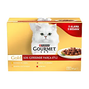 Gourmet Gold Soslu Parça Etli Karışık Çeşitli Yetişkin Kedi Konservesi 12x85 g (12 AL 9 ÖDE) - 1