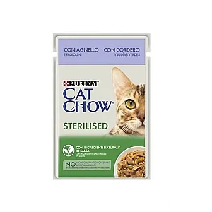 Purina Cat Chow Pouch Sos İçinde Kuzu Etli ve Yeşil Fasulyeli Kısırlaştırılmış Kedi Konservesi 85 g - 1