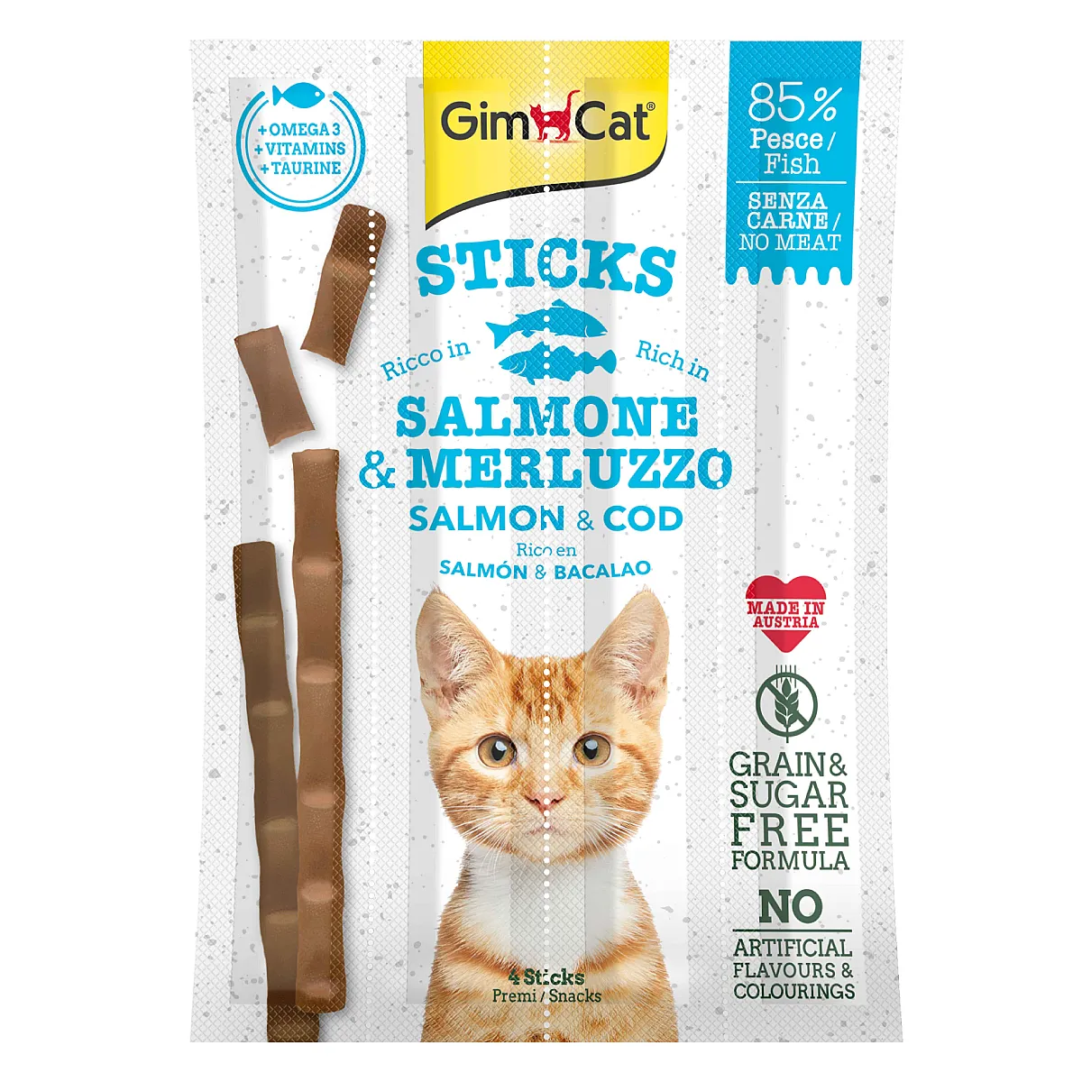 GimCat Sticks Somon ve Morina Balıklı Tahılsız Kedi Ödül Çubuğu 20 g (4'lü)