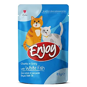 Enjoy Pouch Sos İçinde Et Parçacıklı Beyaz Balıklı Yetişkin Kedi Maması 85 g - 1