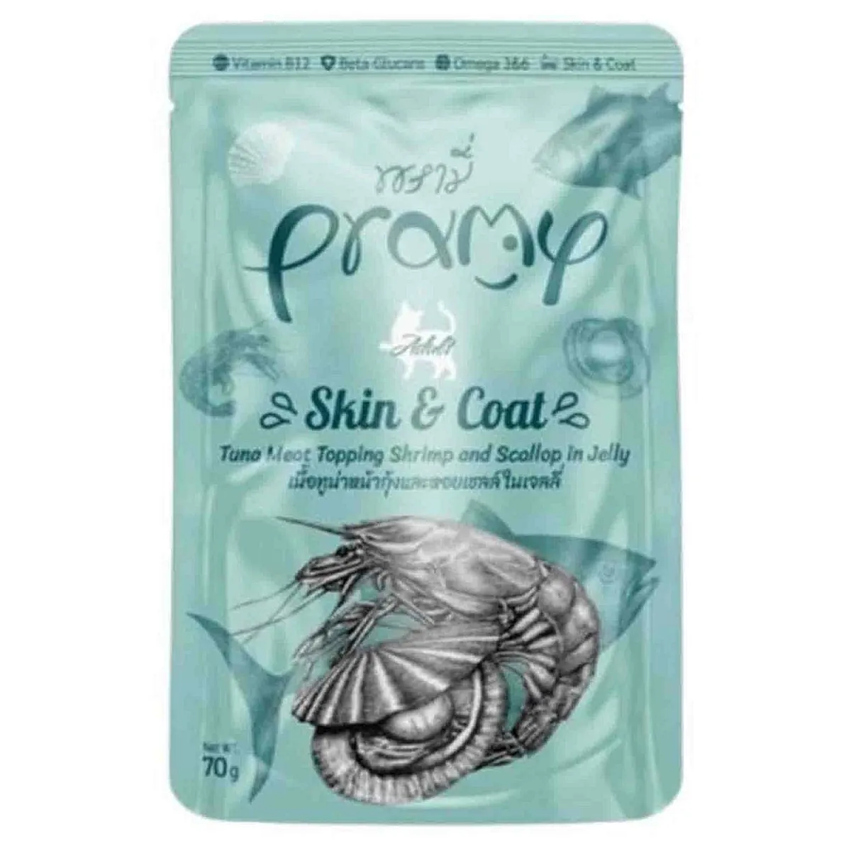 Pramy Pouch Jöle İçinde Karidesli, Deniz Taraklı ve Ton Balıklı Yetişkin Kedi Maması 70 g