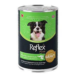 Reflex Plus Konserve Sos İçinde Et Parçacıklı Beyaz Balıklı ve Tatlı Patatesli Yetişkin Köpek Maması 400 g - 1