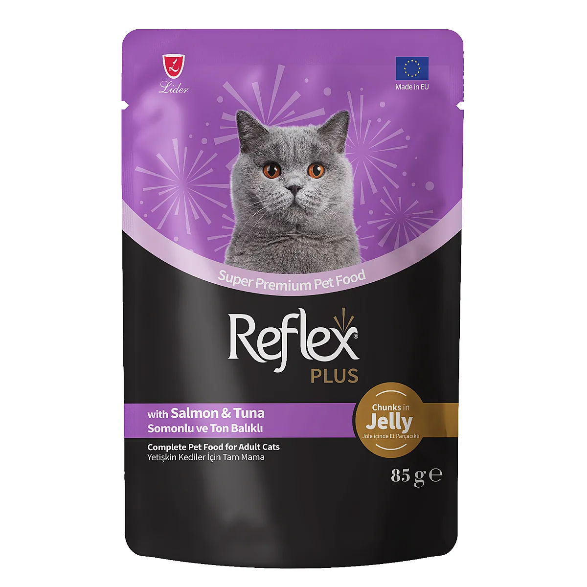 Reflex Plus Pouch Jöle İçinde Et Parçacıklı Somonlu & Ton Balıklı Yetişkin Kedi Maması 85 g